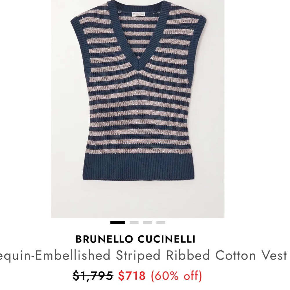 Brunello Cucinelli Navy and Beige Striped V‑Neck Sequin Cotton Vest